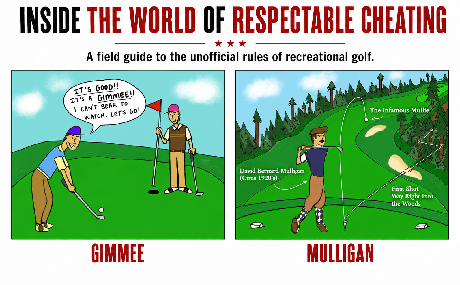 Inside the World of Respectable Cheating: two illustrated panels. Left, labeled Gimmee, a golfer holding the flag tells his putting partner 'It's good!! It's a gimmee!! I can't bear to watch. Let's go!' Right, labeled Mulligan, David Bernard Mulligan circa 1920s tees off again after his first shot went way right into the woods.